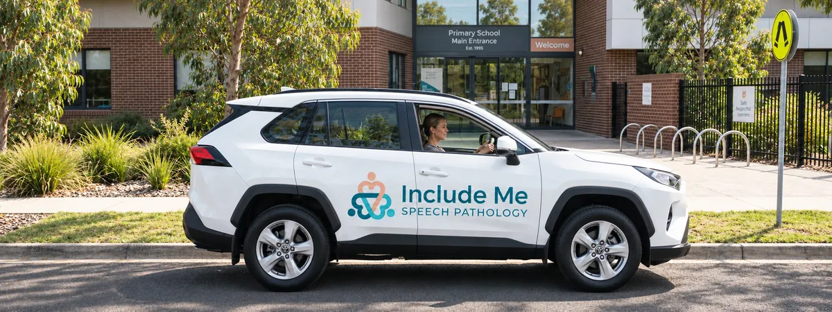 AI illustration of an Include Me Speech Pathology car outside a primary school
