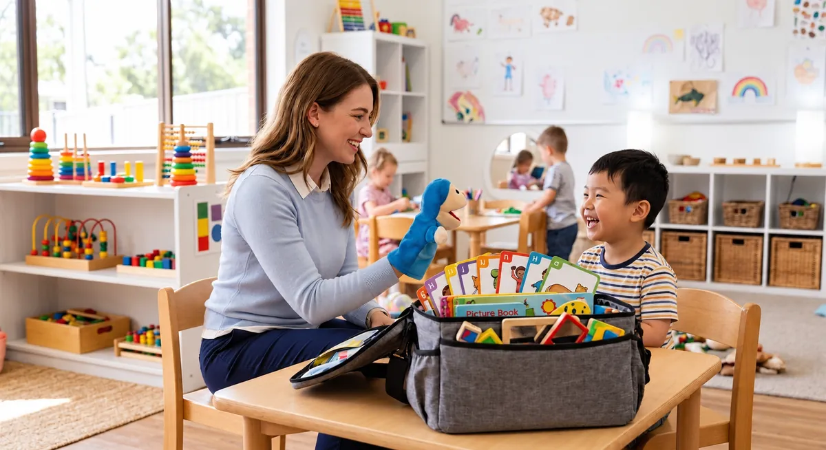 A speech pathologist uses a puppet and picture cards to engage a smiling preschooler