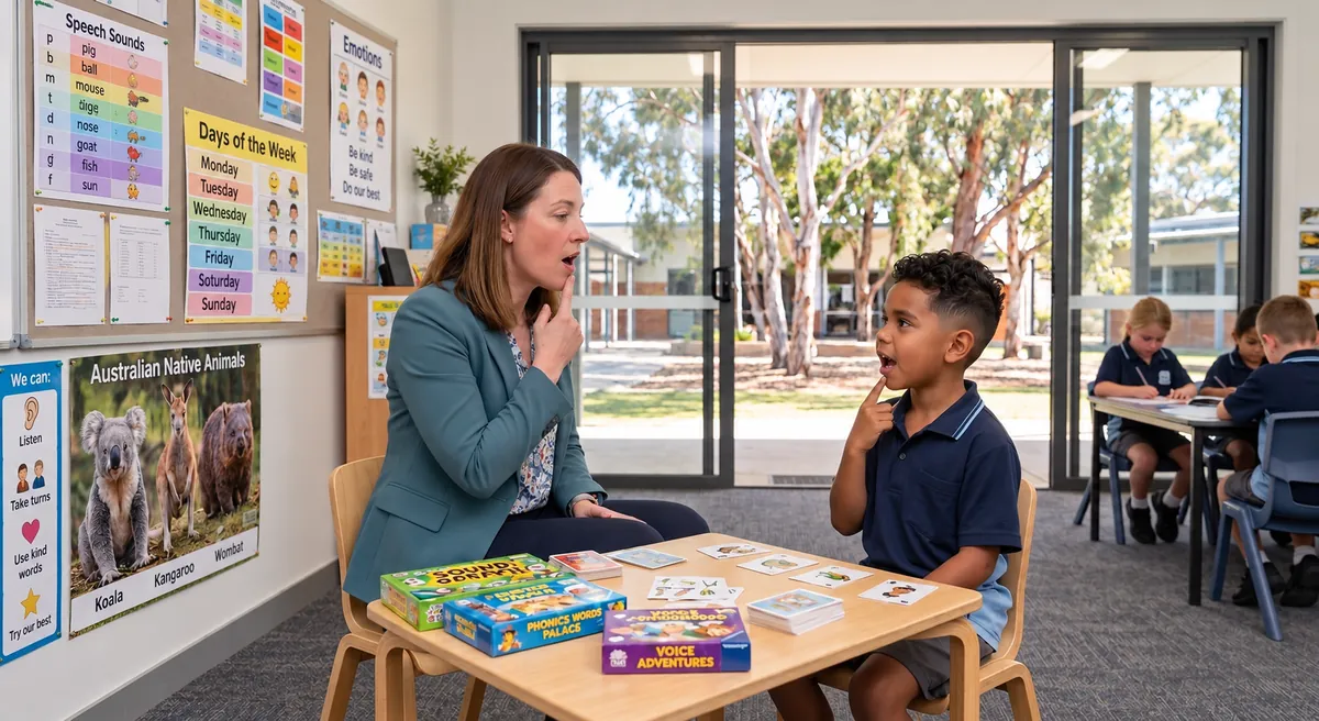 Illustration of a speech therapist practising speech sounds with a child in a classroom