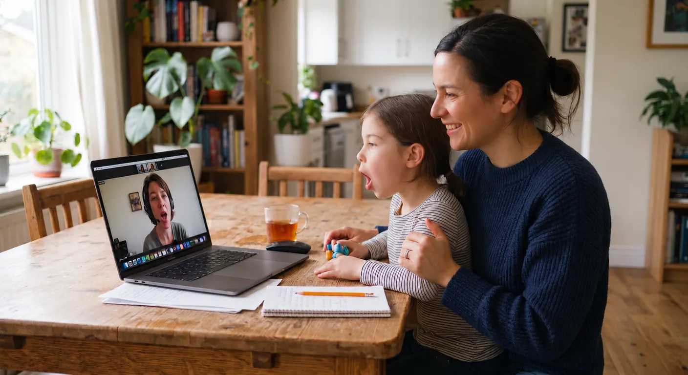 A parent sits with their daughter at the kitchen table during a telehealth session with a speech pathologist on a laptop