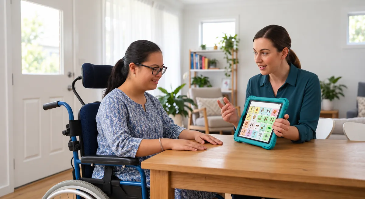 Illustration of a young adult using a wheelchair exploring an AAC communication tablet with a speech therapist